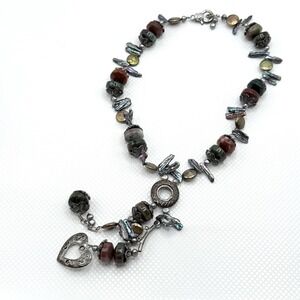Vintage Biwa & Freshwater Pearl Lariat Necklace w/ Stone & Metal Heart Charm 18"